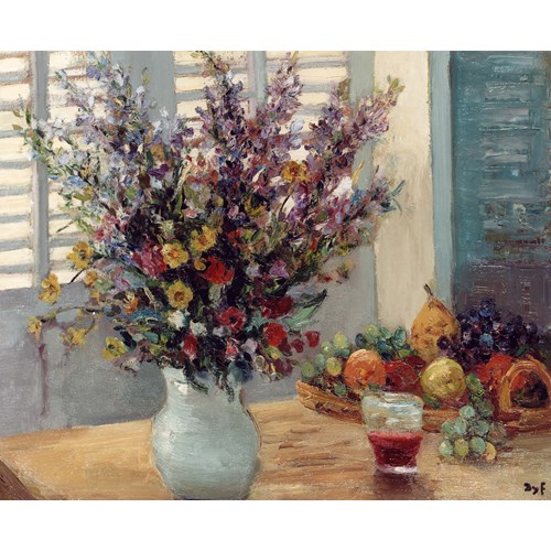 A Vase of Flowers & Fruit on a Table